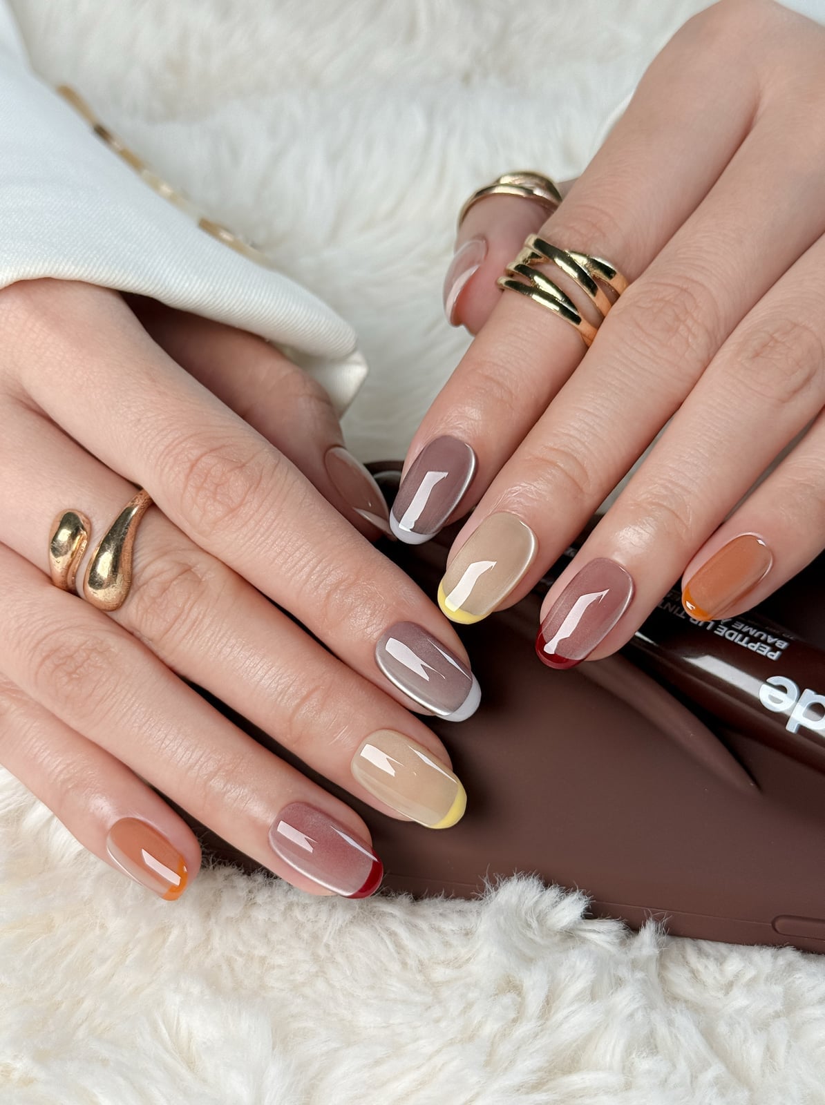 Nude Base Multi-Colored Tip Short Oval — Trendy Short Oval Nails