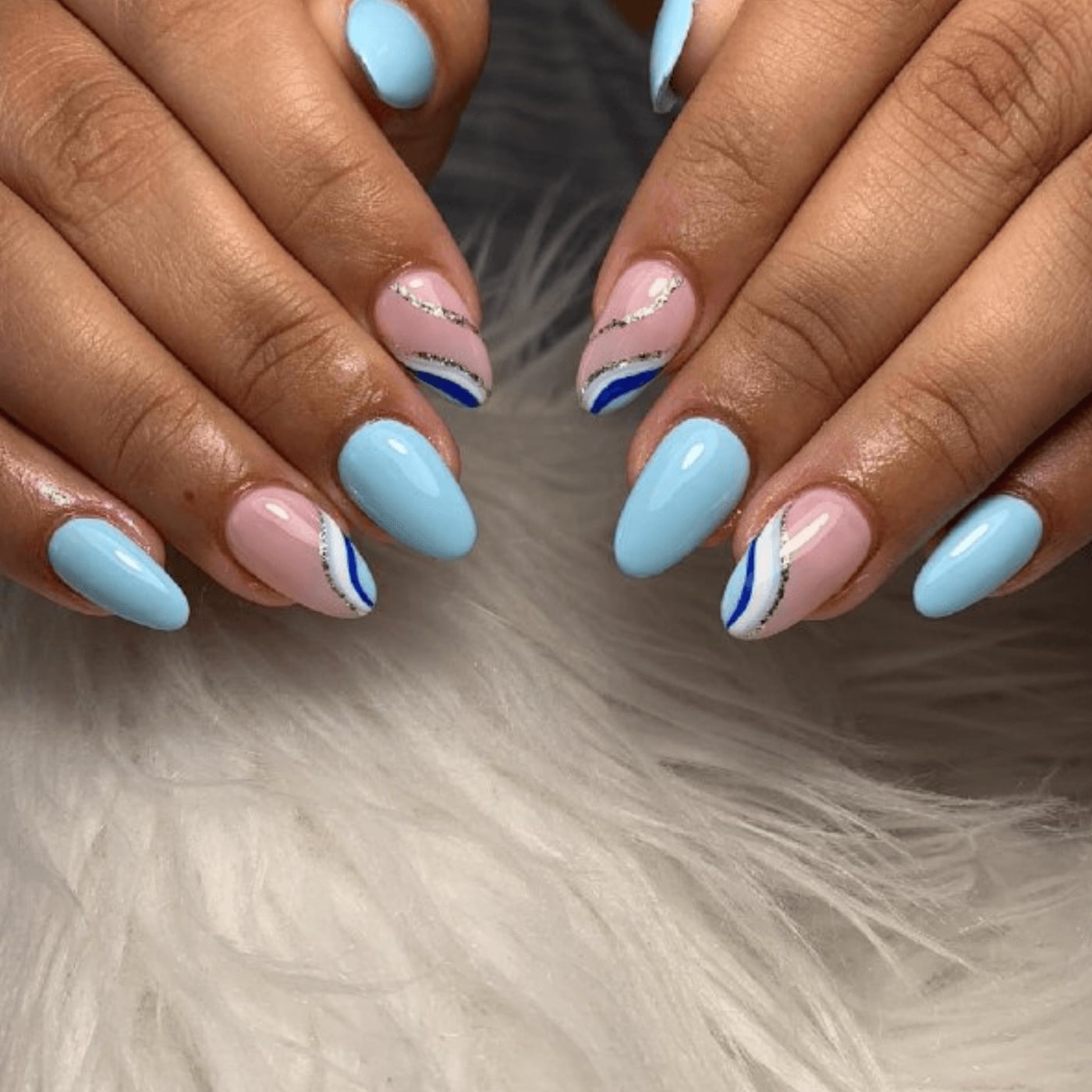 Pastel Blue Pink Diagonal Stripe Short Oval — Trendy Short Oval Nails