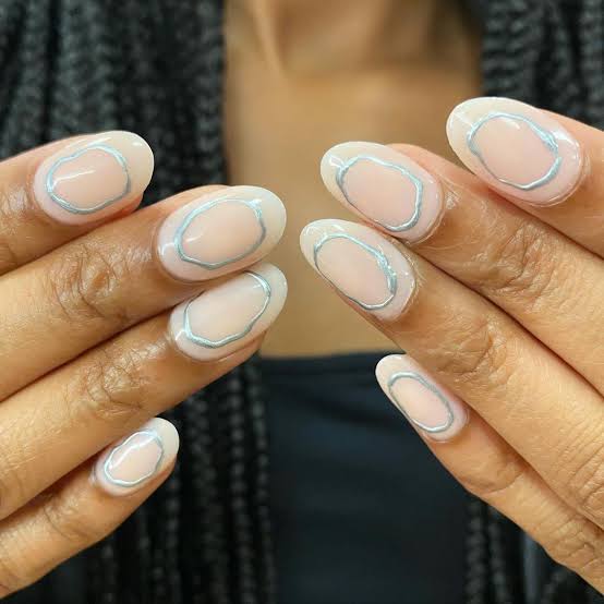 Sheer Nude Silver Outline Short Oval — Trendy Short Oval Nails