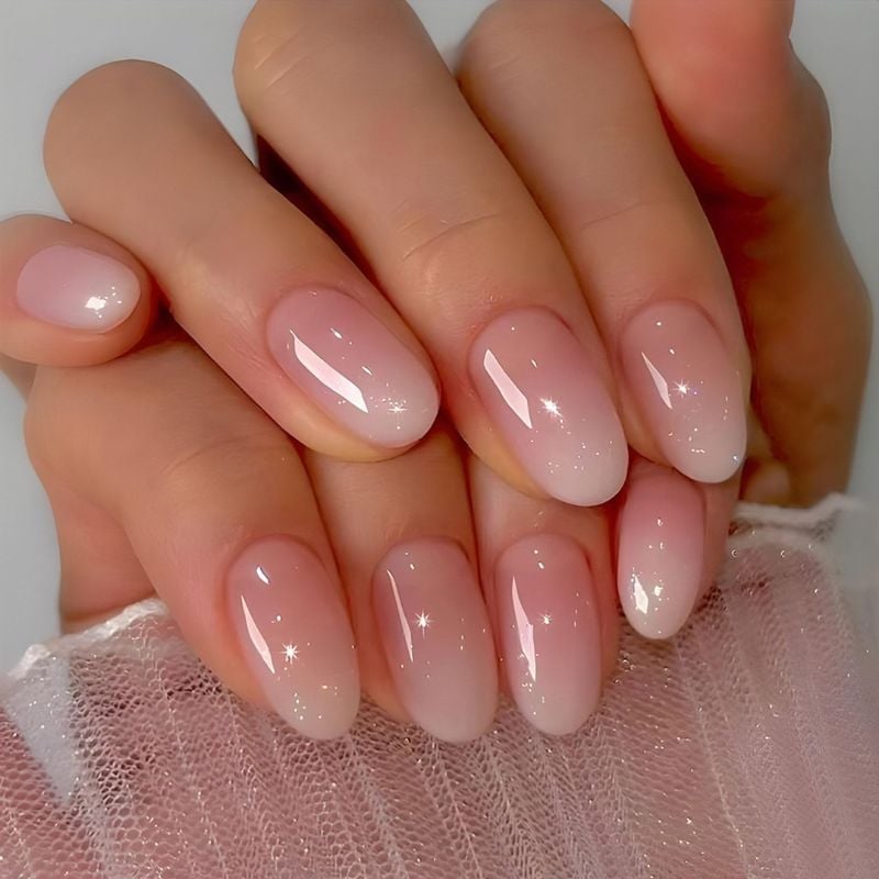 Sheer Pink White Gradient Glitter Short Oval — Trendy Short Oval Nails