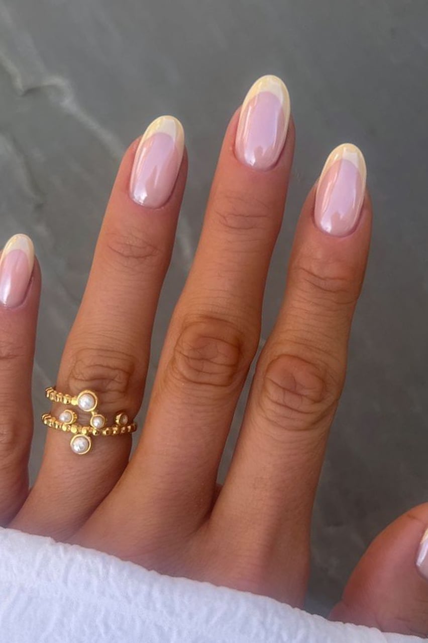Pearlescent Pale Yellow French Short Oval — Trendy Short Oval Nails