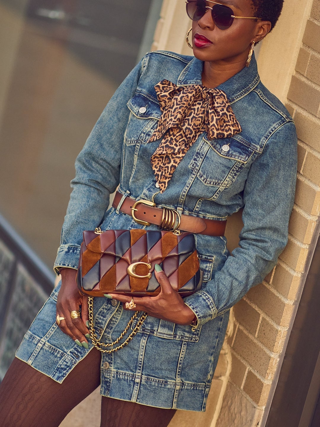 Patchwork Leather Bag with a Fitted Denim Dress and Gold Hoop Earrings — Trendy Shoulder Bag Outfits