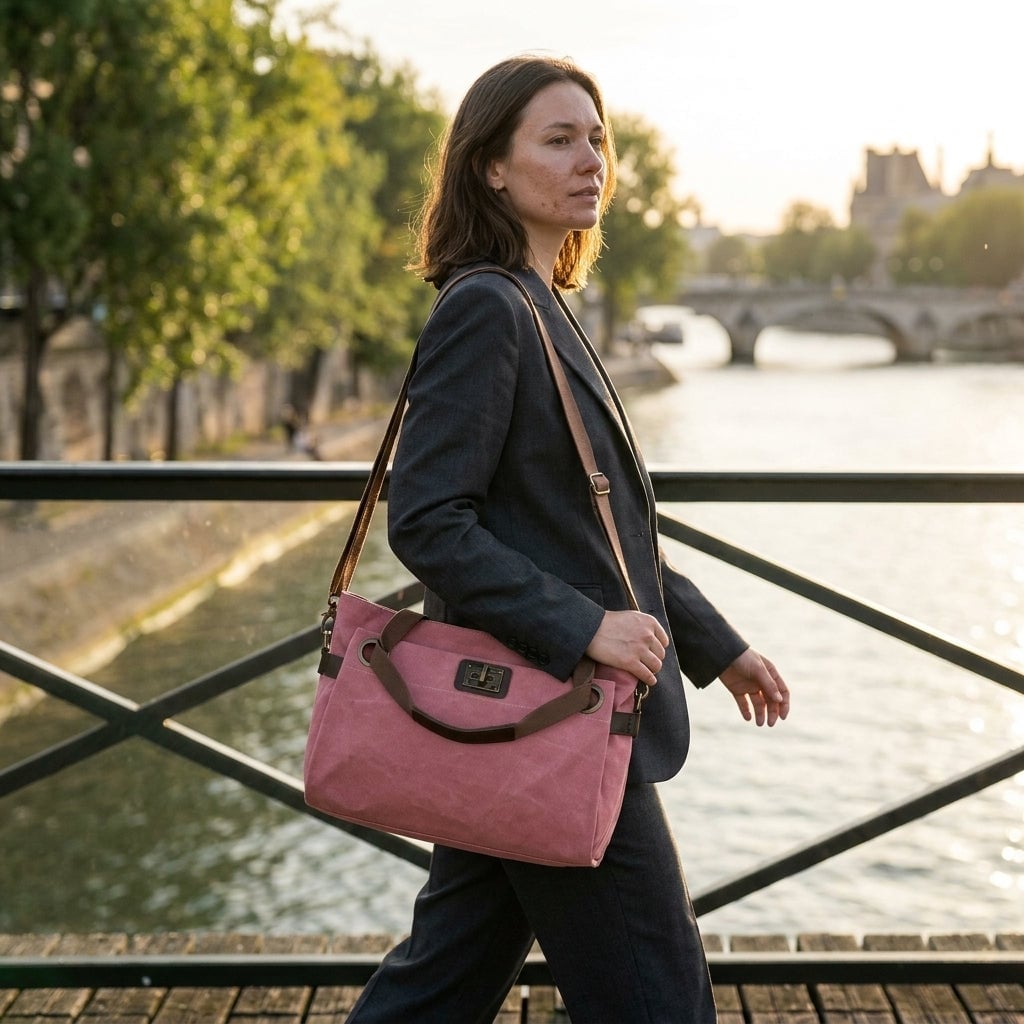 Pink Canvas Bag with Charcoal Grey Suit for Work, Close-Up Take — Trendy Shoulder Bag Outfits