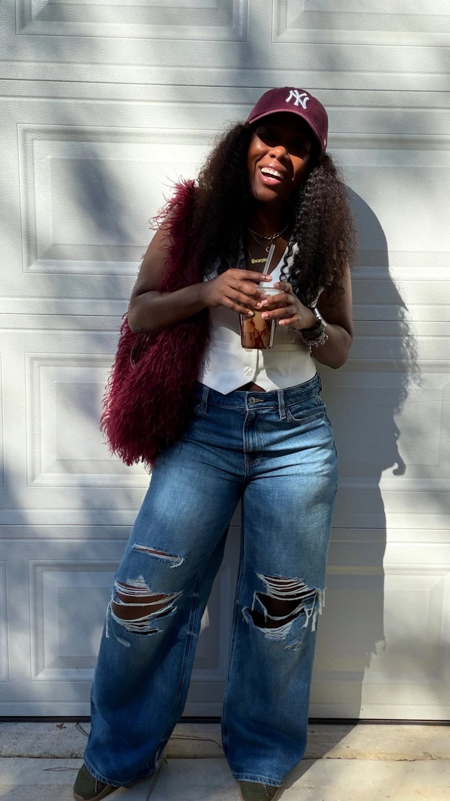 Burgundy Furry Bag with Ripped Jeans and White Vest — Trendy Shoulder Bag Outfits