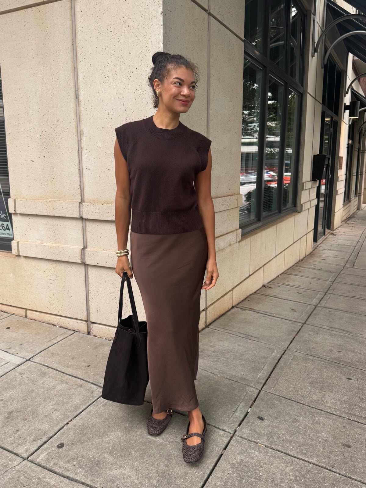 Brown Tote Bag with Monochromatic Satin Skirt and Knit Vest — Trendy Shoulder Bag Outfits