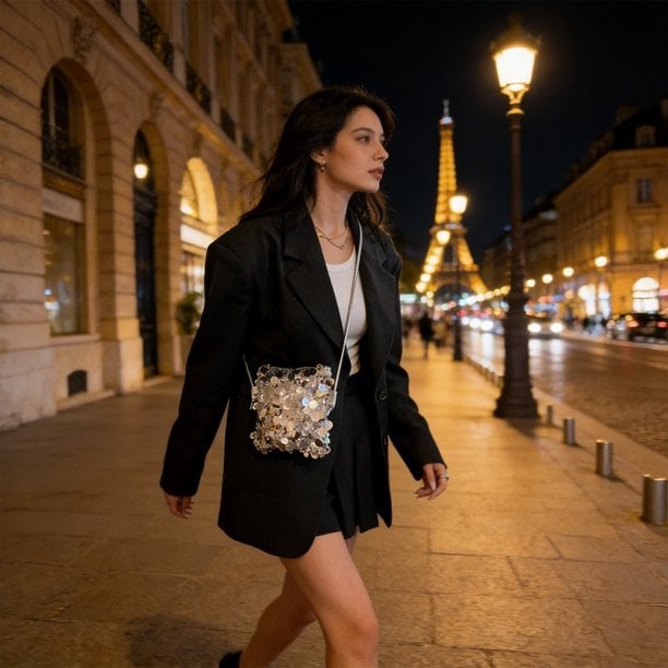 Evening Stroll in a Sequined Silver Bag and Black Blazer — Trendy Shoulder Bag Outfits