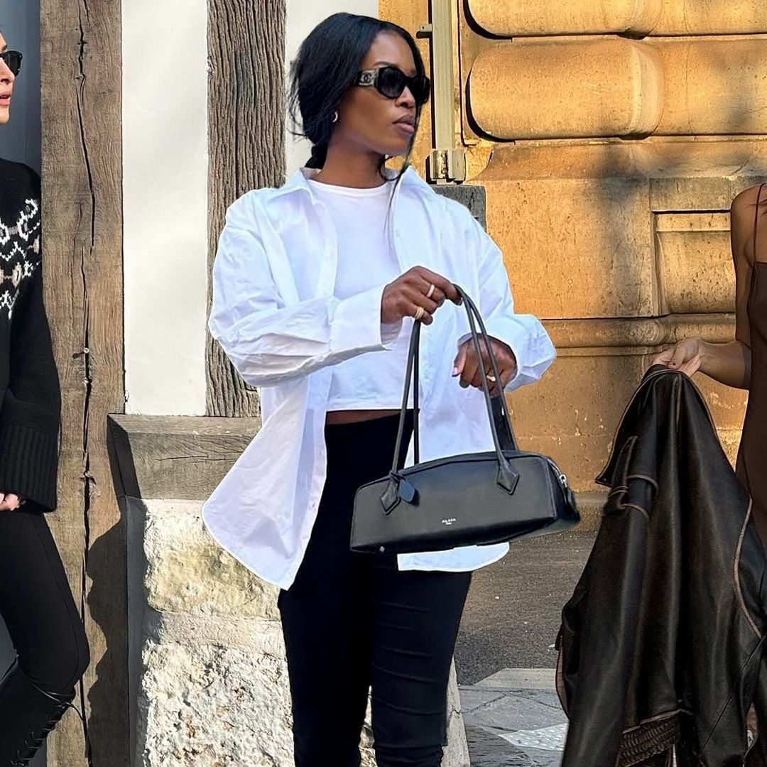 Black Mini Shoulder Bag with Oversized Shirt and Fitted Pants — Trendy Shoulder Bag Outfits