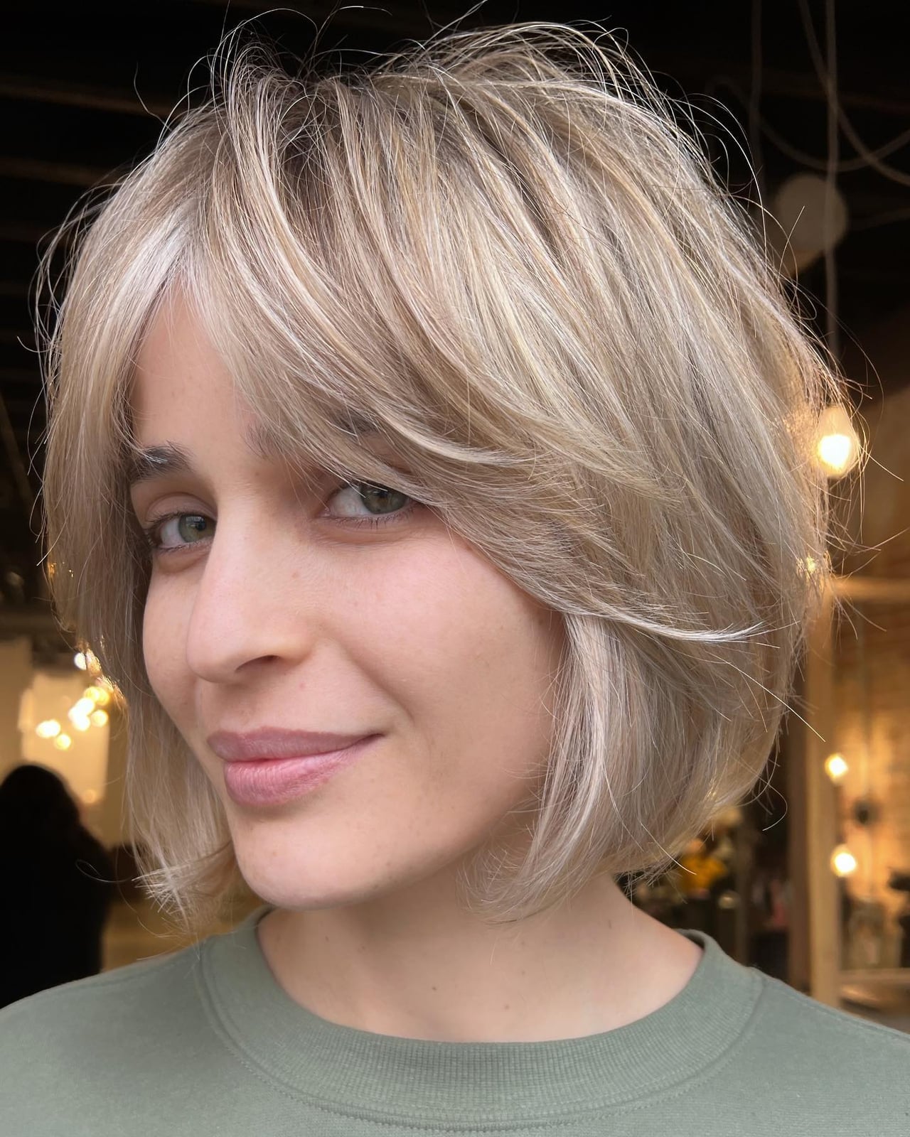 Ash Blonde Chin Bob With Curtain Bangs Ash Blonde Chin Bob With Curtain Bangs — Trendy Shoulder Length Bob