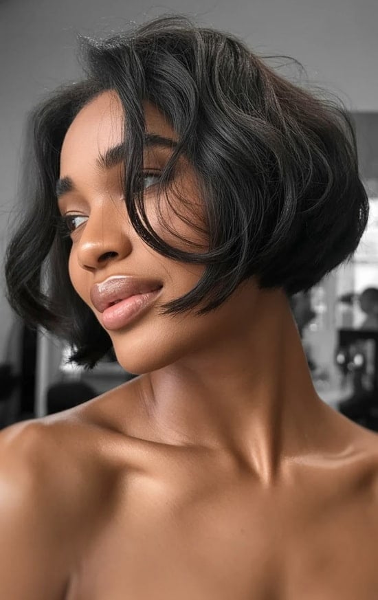Dark Brown Chin Bob With Face-Framing Layers and Side Swept Dark Brown Chin Bob With Face-Framing Layers and Side Swept — Trendy Shoulder Length Bob