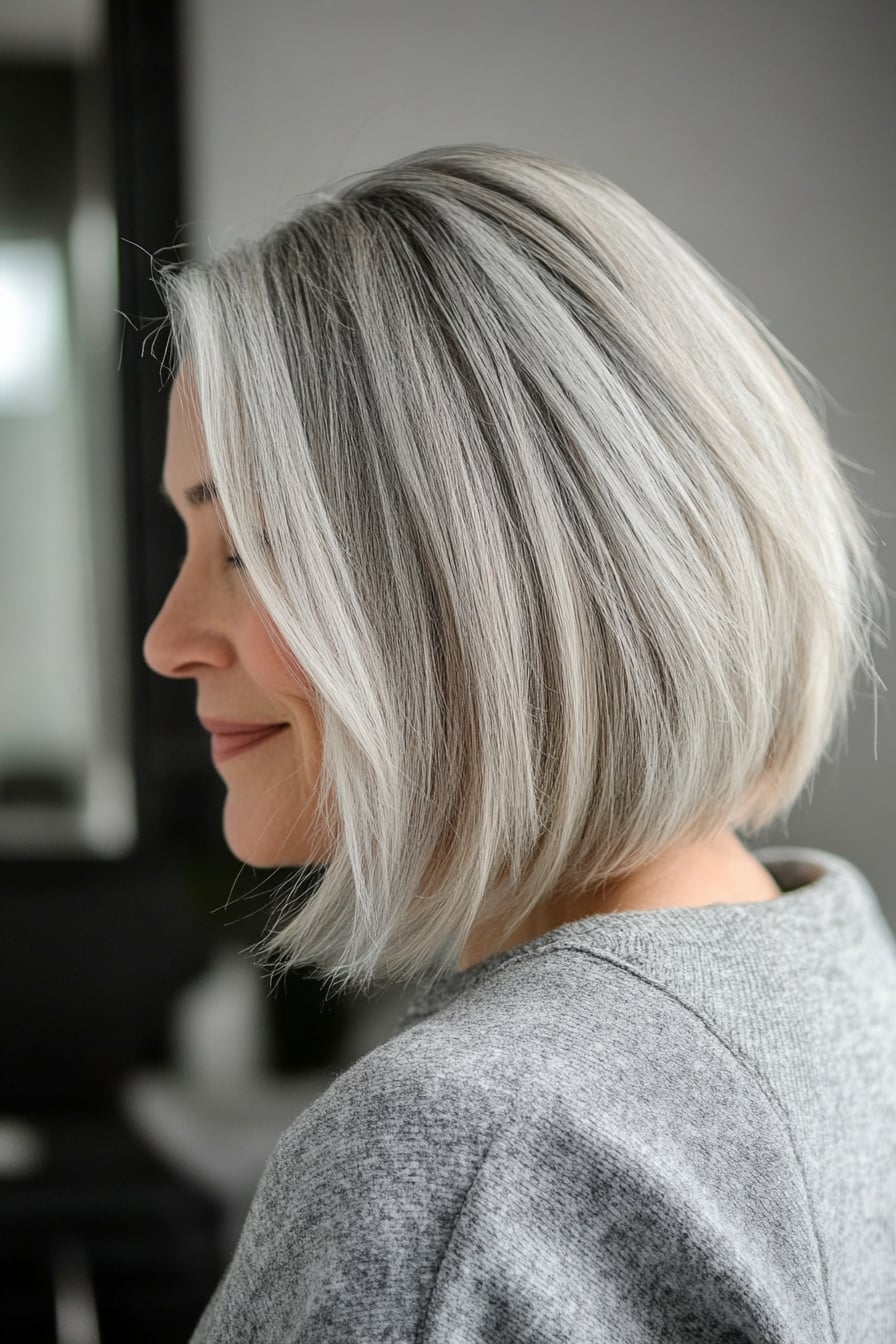 Silver Grey Chin Bob With Smooth Blowout Silver Grey Chin Bob With Smooth Blowout — Trendy Shoulder Length Bob