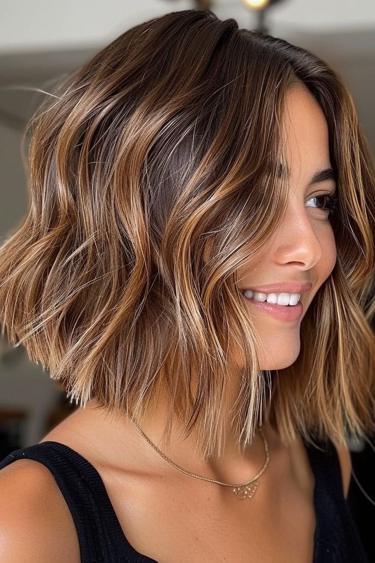 Layered Collarbone Bob With Honey Balayage Layered Collarbone Bob With Honey Balayage — Trendy Shoulder Length Bob
