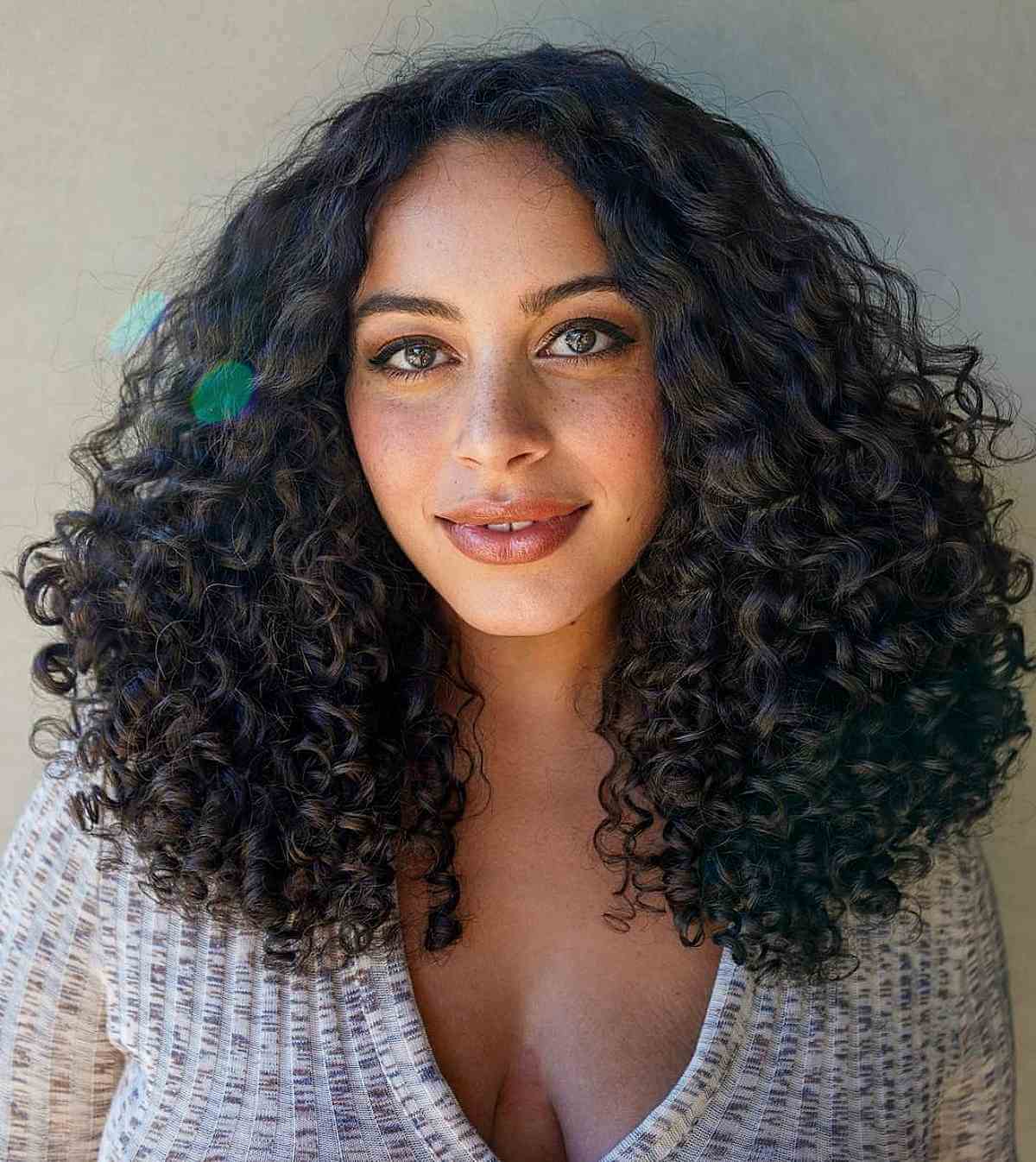 Dark Brown Curls With Copper Highlights Air Dried — Trendy Shoulder Length Curly Hair