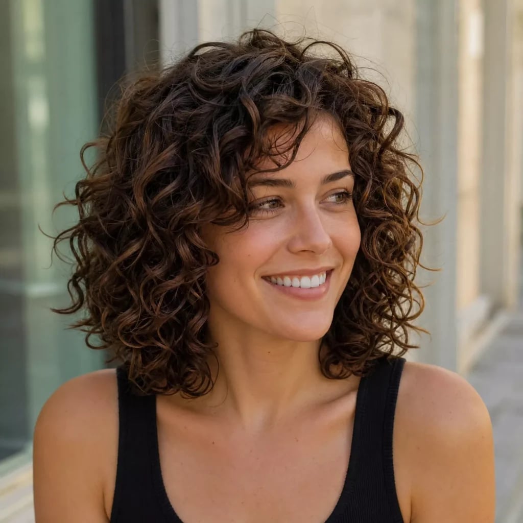 Collarbone Shag Blowout With Face-Framing Layers, Close-Up Take — Trendy Shoulder Length Curly Hair
