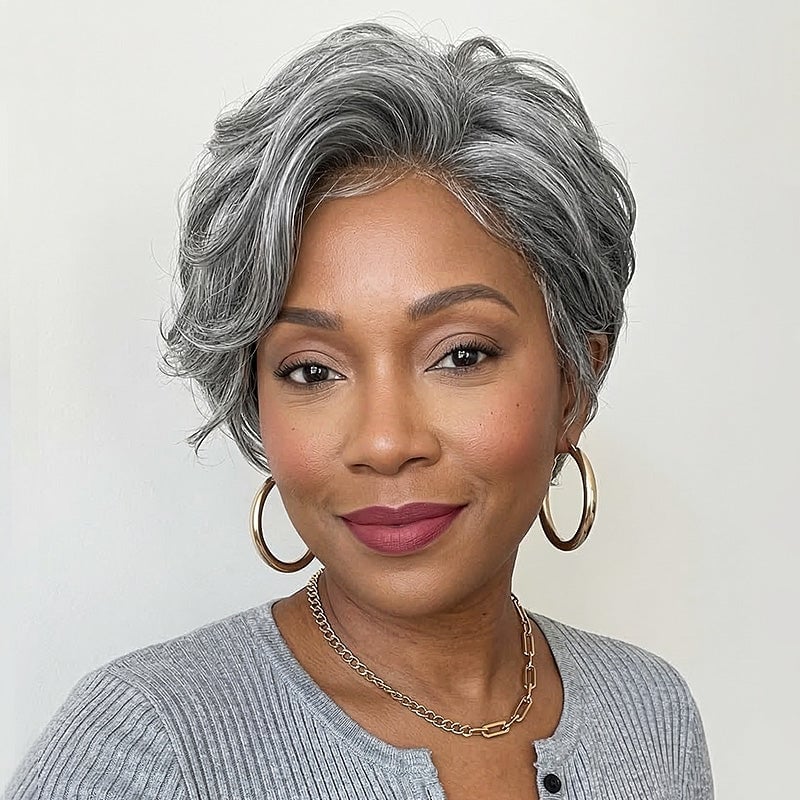 Short Pixie Voluminous Salt And Pepper Short Pixie Voluminous Salt And Pepper — Trendy Side Part Wig