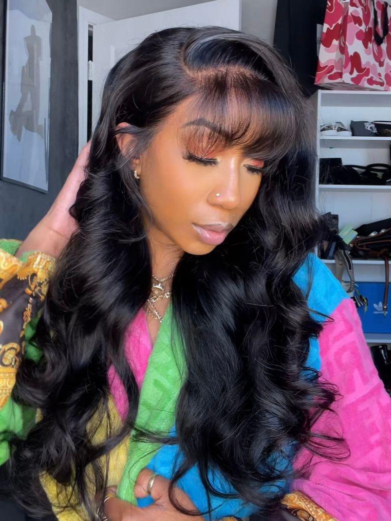 Long Mid Back Hair With Wispy Air Bangs Long Mid Back Hair With Wispy Air Bangs — Trendy Side Part Wig