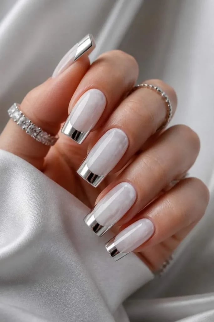 White Milky Base Silver Chrome French Tip Long Square Nails White Milky Base Silver Chrome French Tip Long Square Nails — Trendy Silver Chrome Nails