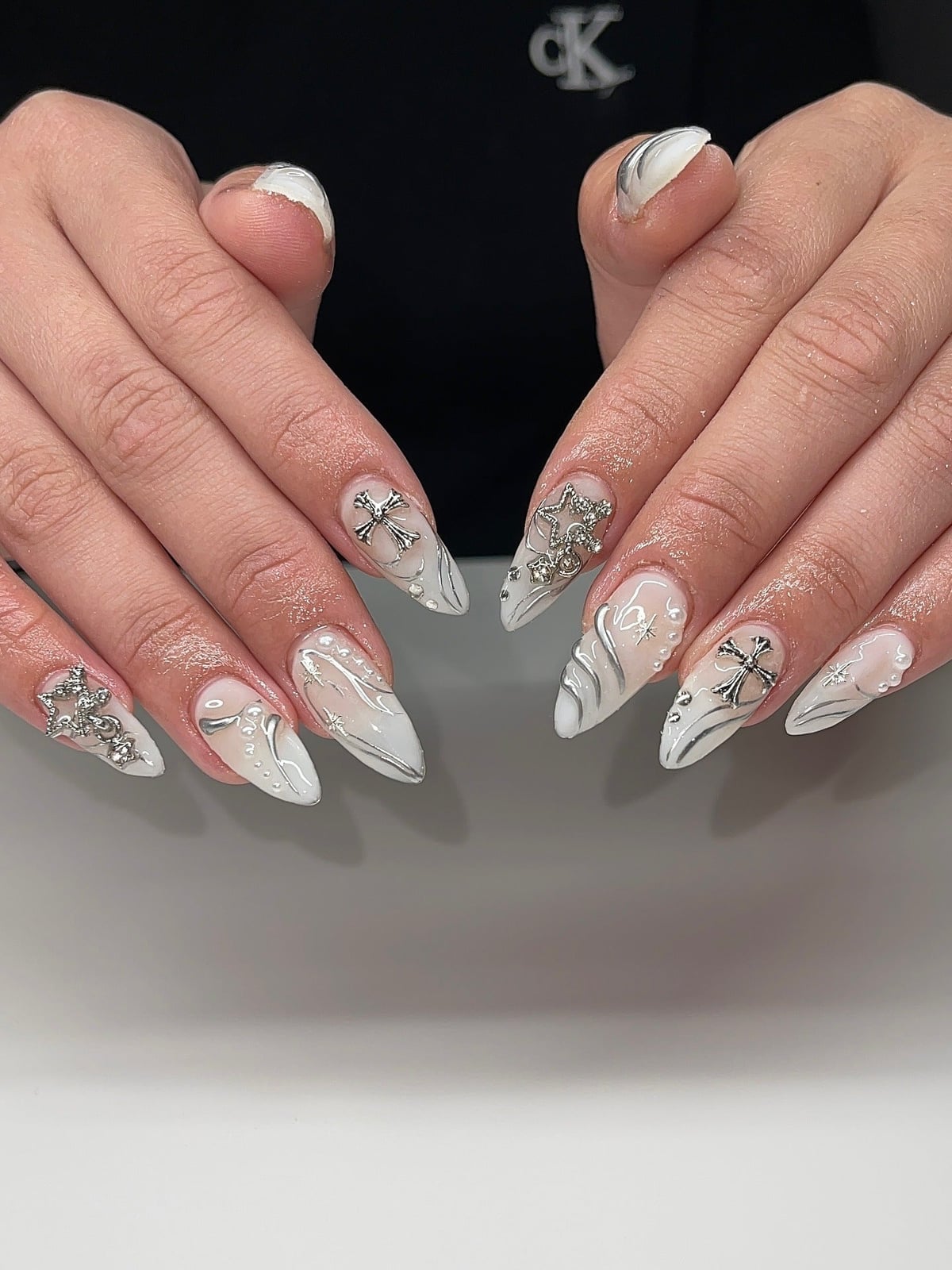 Silver Line Art Cloud Charms Long Stiletto Nails Silver Line Art Cloud Charms Long Stiletto Nails — Trendy Silver Chrome Nails