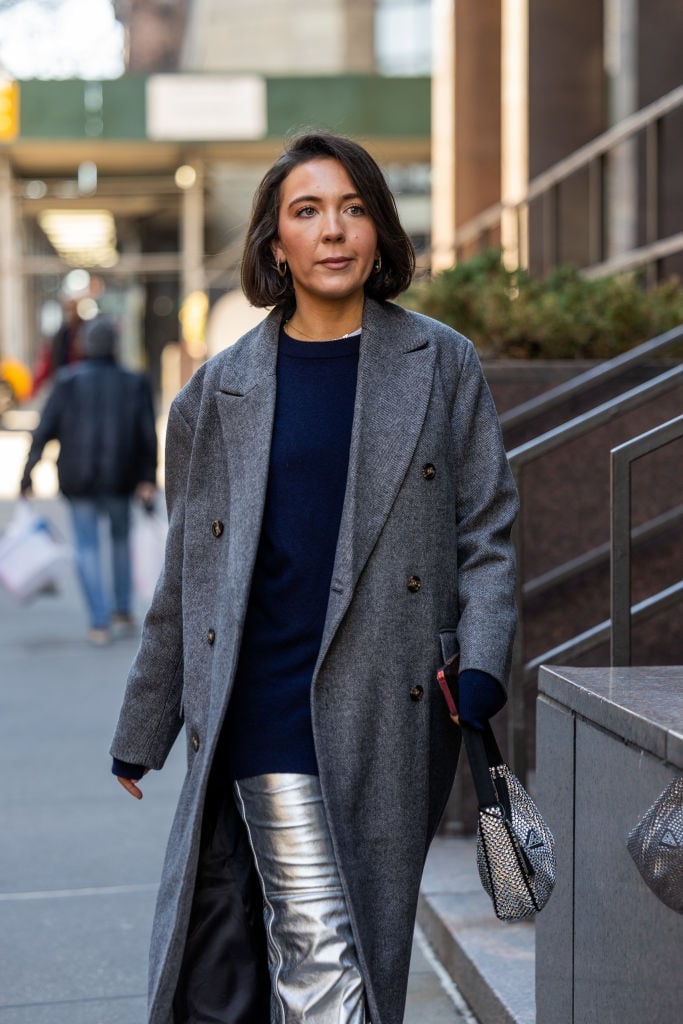 Shiny Silver Trousers with Wool Coat and Navy Sweater Shiny Silver Trousers with Wool Coat and Navy Sweater — Trendy Silver Outfits
