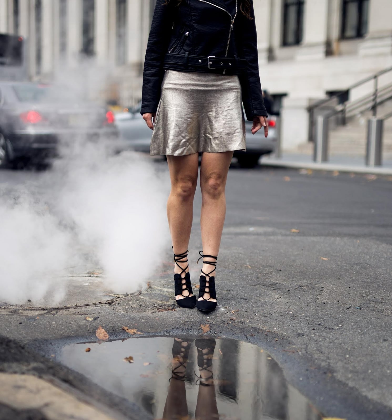 Metallic Silver A-Line Mini Skirt with Leather Jacket Metallic Silver A-Line Mini Skirt with Leather Jacket — Trendy Silver Outfits