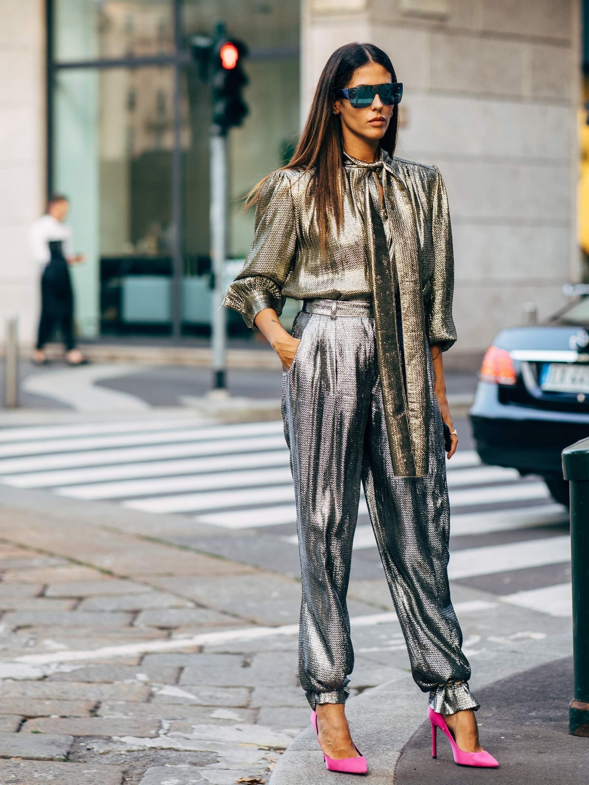 Metallic Silver Trousers with a Pussy-Bow Blouse Metallic Silver Trousers with a Pussy-Bow Blouse — Trendy Silver Outfits