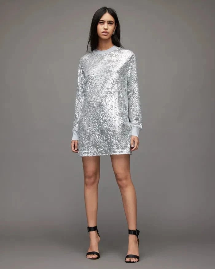 Long Sleeve Silver Sequin Shift Dress Long Sleeve Silver Sequin Shift Dress — Trendy Silver Outfits