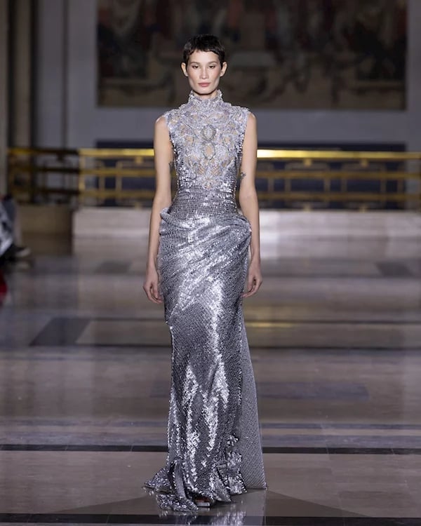 Floor-length Silver Sequined Gown with High Neckline Floor-length Silver Sequined Gown with High Neckline — Trendy Silver Outfits