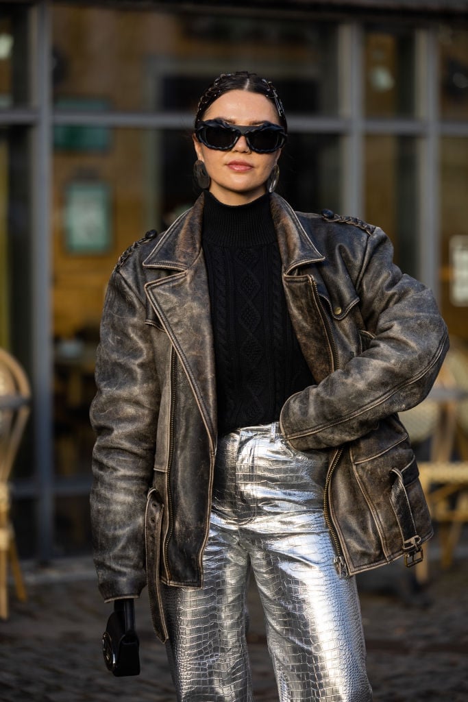 Metallic Silver Crocodile-Effect Trousers with Leather Jacket Metallic Silver Crocodile-Effect Trousers with Leather Jacket — Trendy Silver Outfits