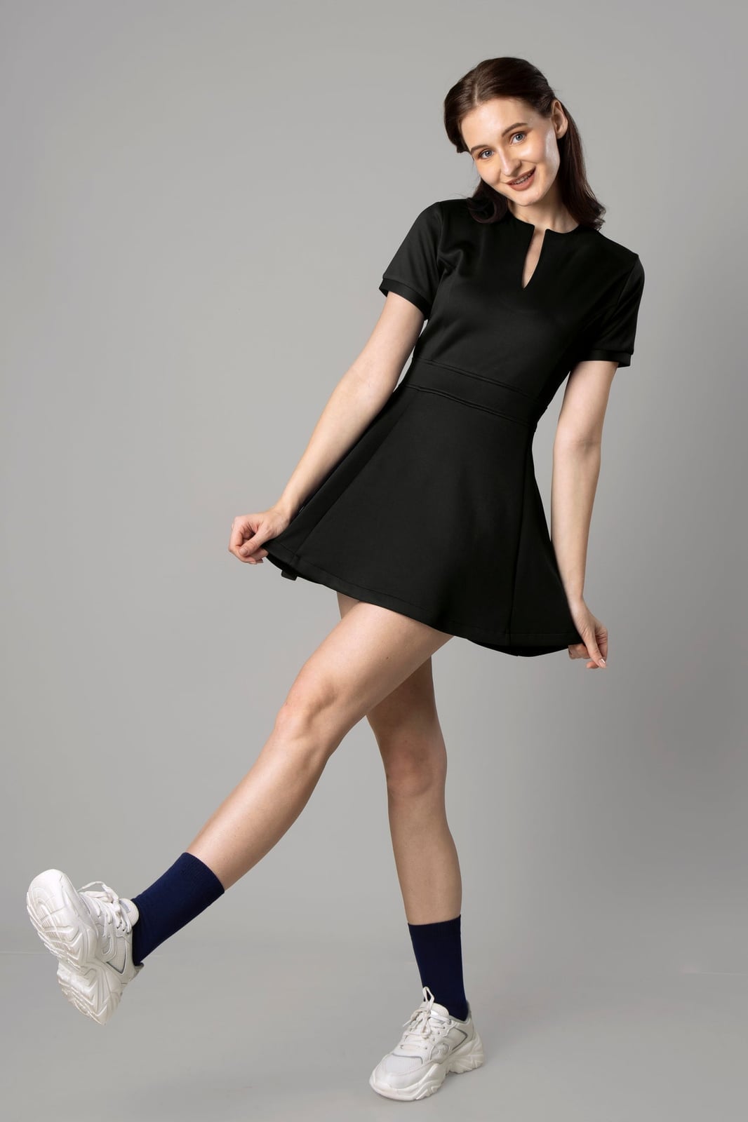 Black Skater Dress With Chunky Sneakers Black Skater Dress With Chunky Sneakers — Trendy Skater Outfits