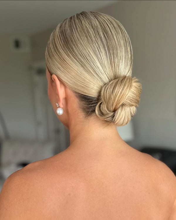 Long Ash Blonde Low Bun — Trendy Sleek Hairstyles