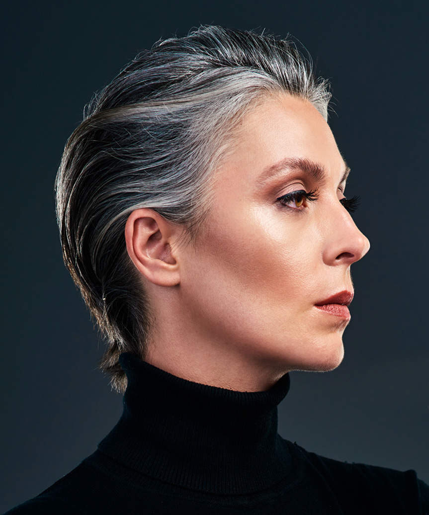 Grey White Wet Look Short Layers — Trendy Slick Back Hairstyles