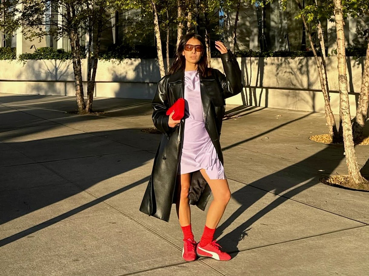Bright Red Socks with a Lilac Mini Dress and Leather Trench — Trendy Socks Outfits