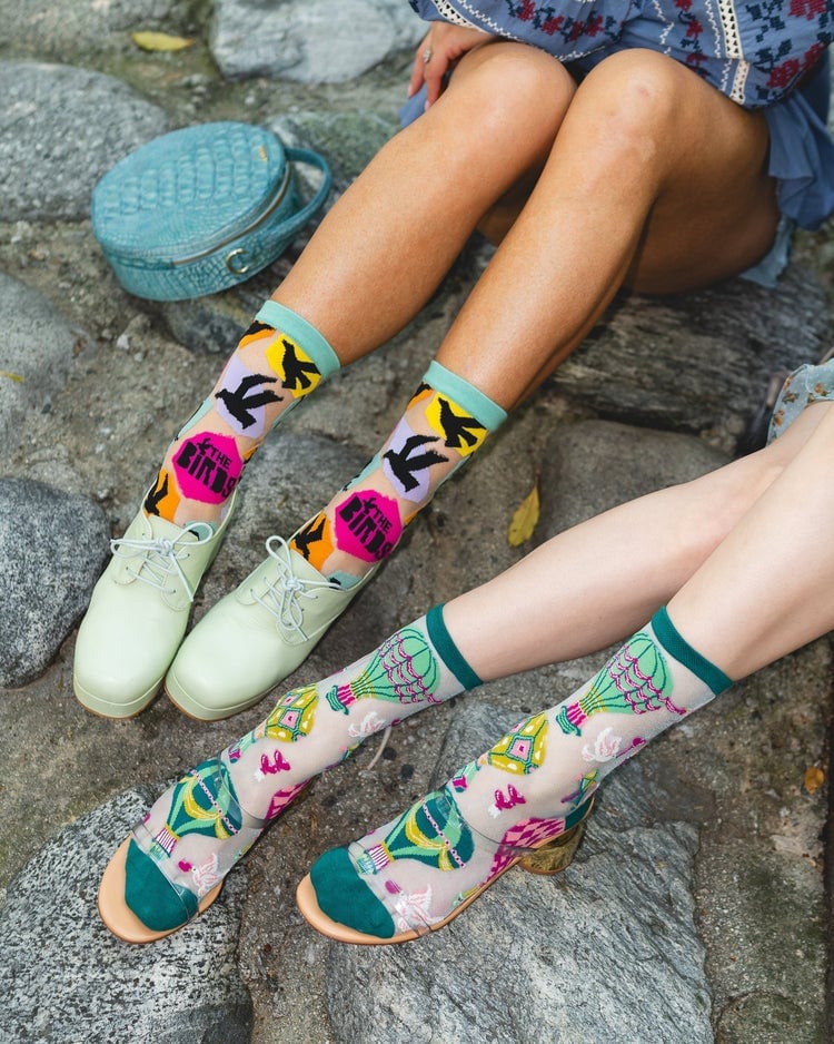 Sheer Socks with a Blue Patterned Dress — Trendy Socks Outfits