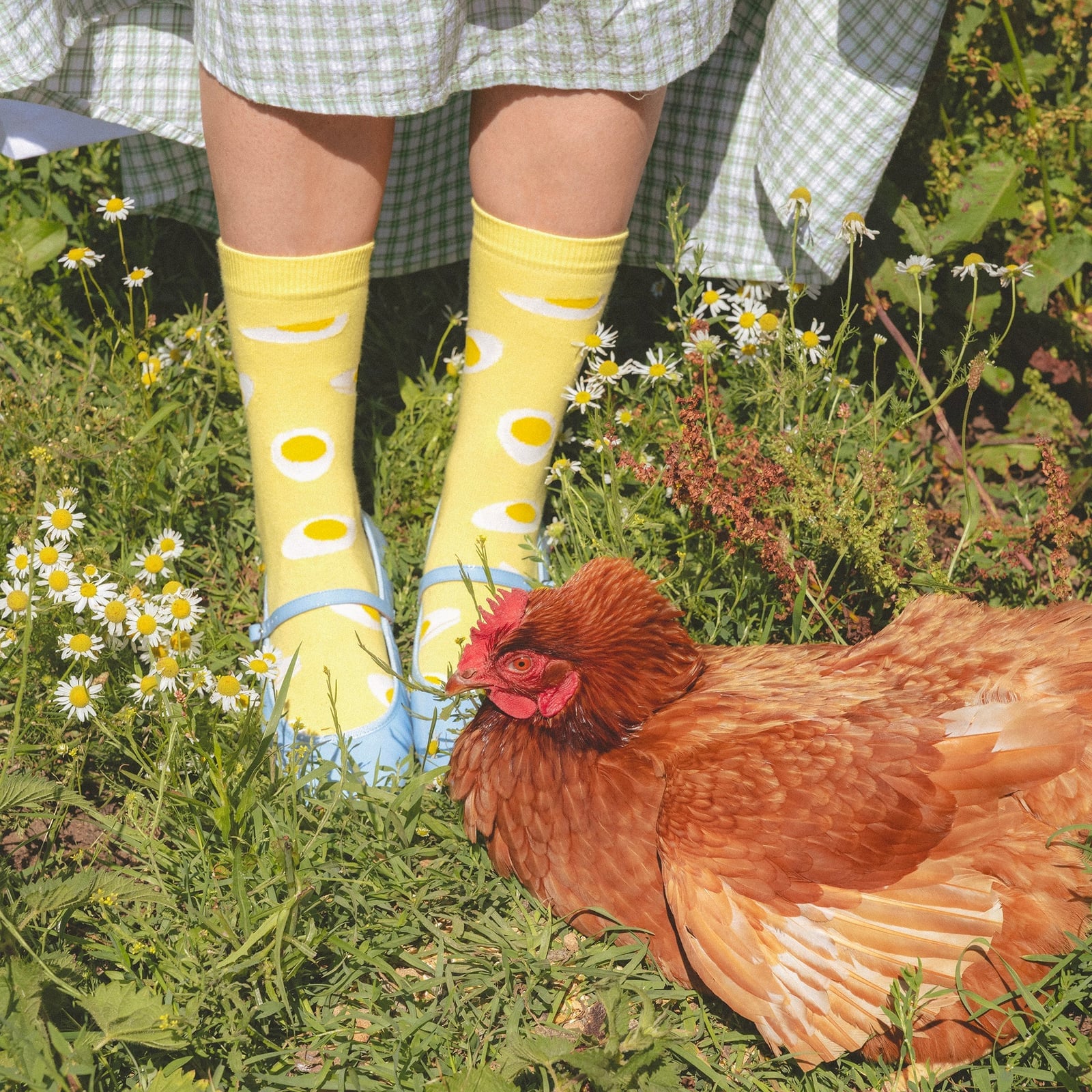 Yellow Egg-Print Socks with a Gingham Skirt — Trendy Socks Outfits