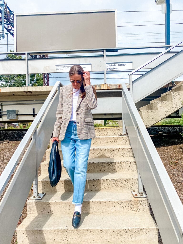 White Crew Socks with a Plaid Blazer and Jeans — Trendy Socks Outfits