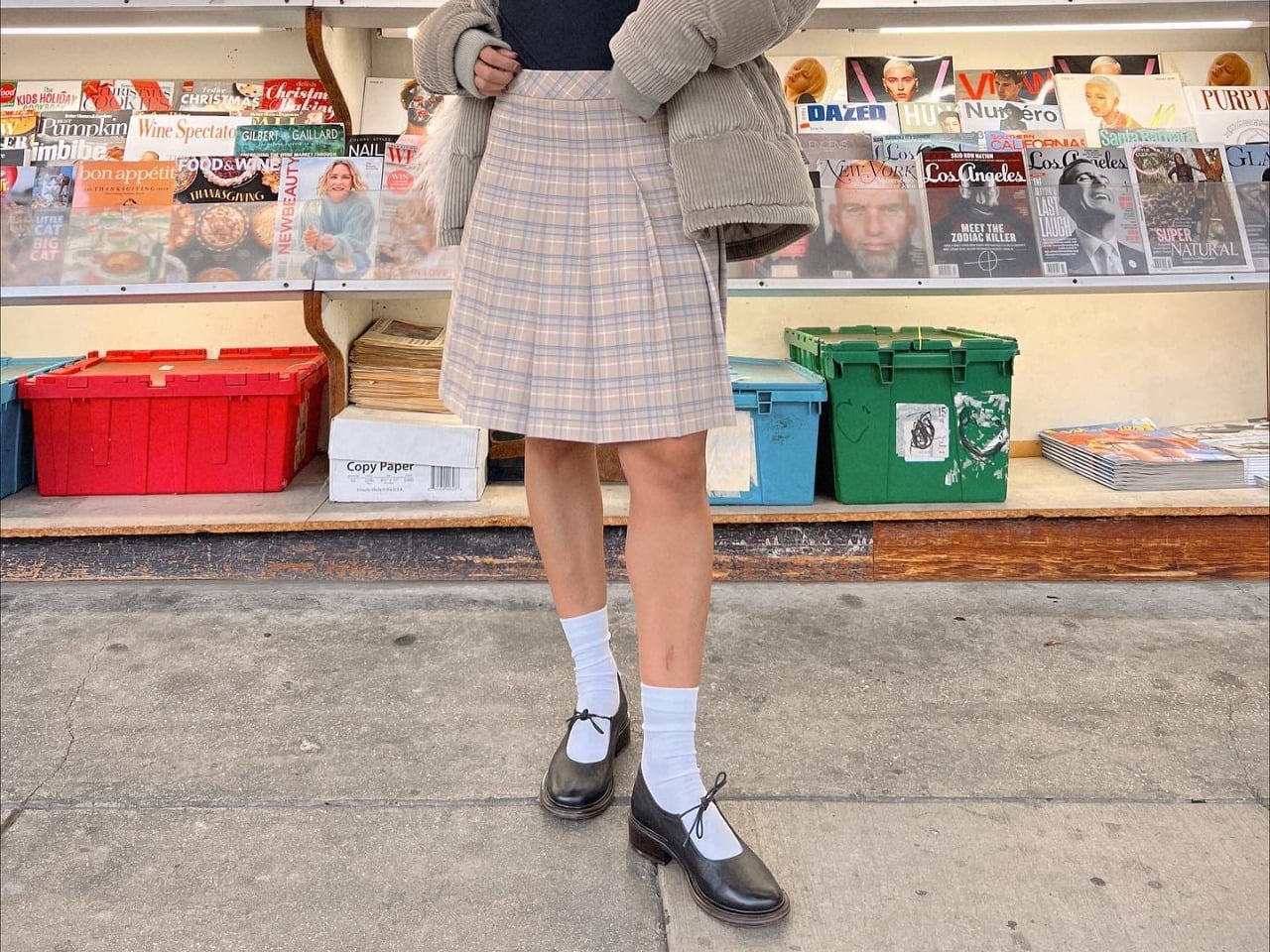 White Crew Socks with Black Loafers and Plaid Skirt — Trendy Socks Outfits