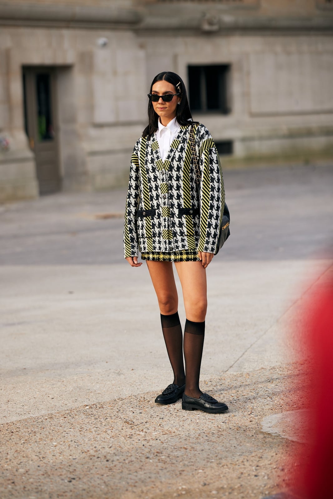 Black Knee-High Socks with Houndstooth Set — Trendy Socks Outfits