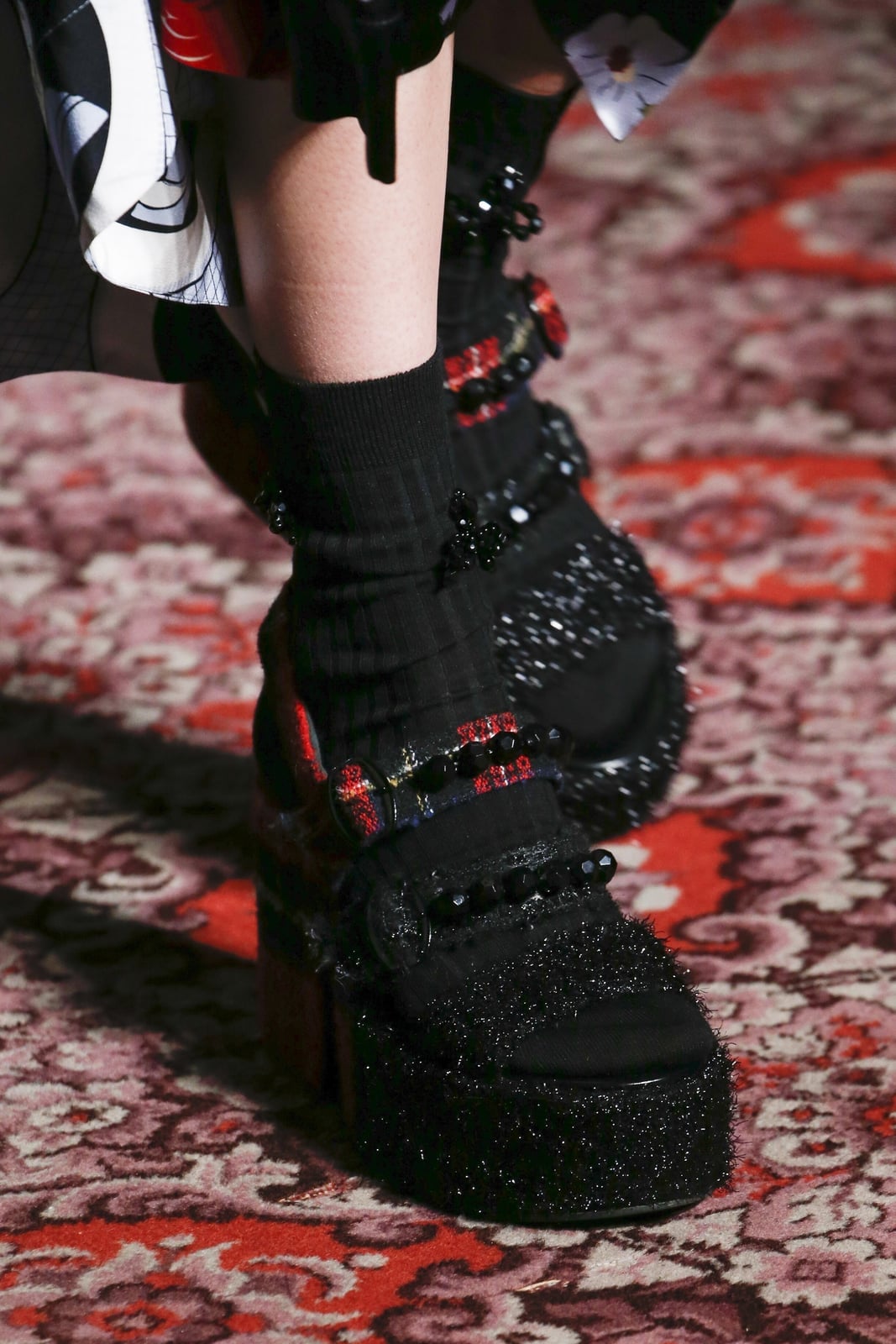 Black Ribbed Socks with Embellished Platform Shoes — Trendy Socks Outfits