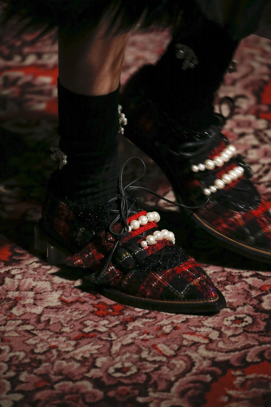 Black Socks with Embellished Platform Shoes and A Tartan Pattern — Trendy Socks Outfits