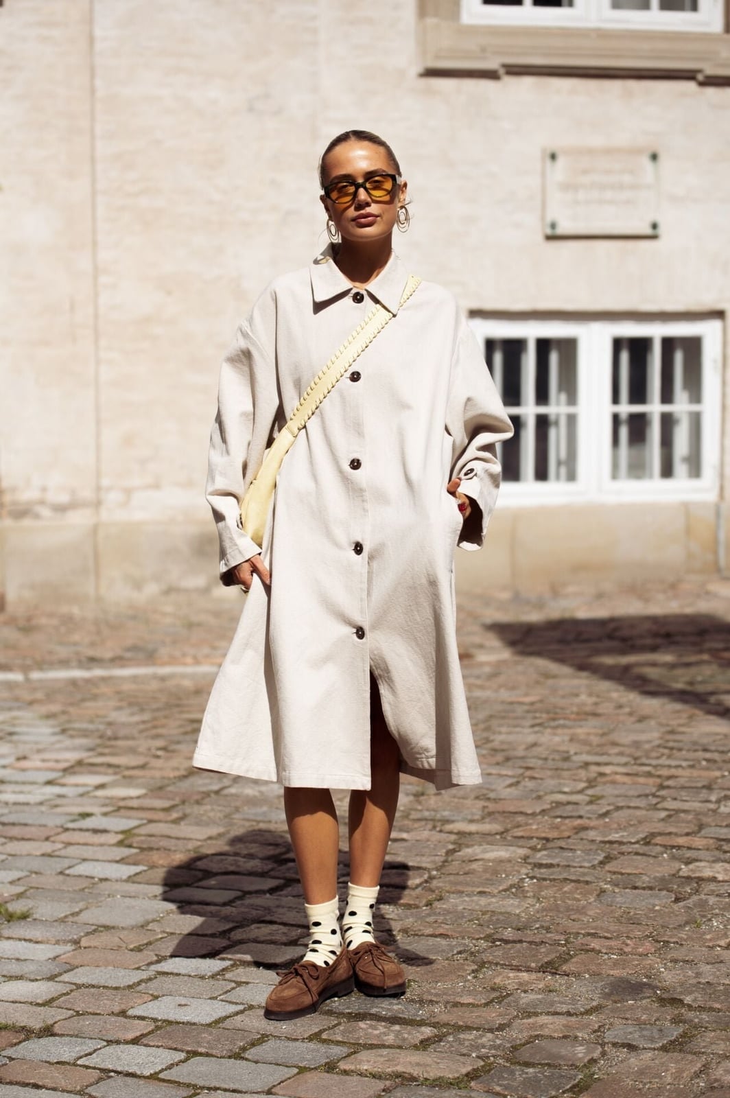 White Polka Dot Socks with a Beige Trench Coat — Trendy Socks Outfits