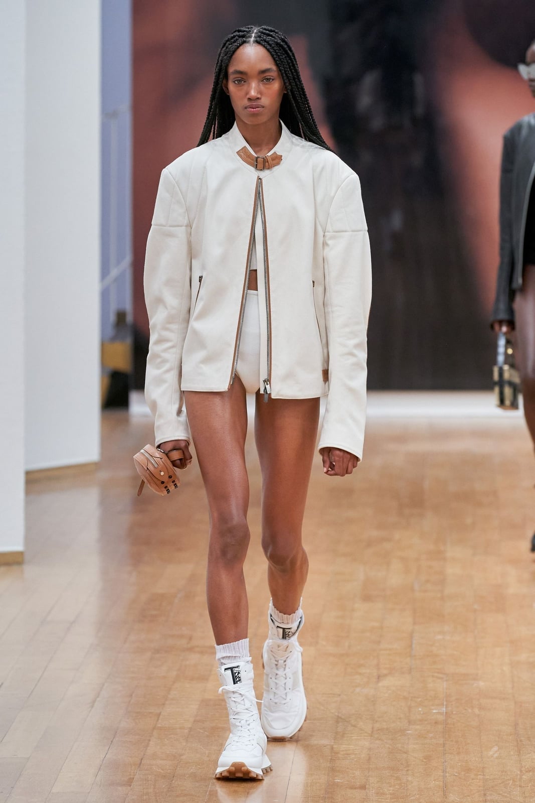 White Athletic Socks with an Oversized Leather Jacket — Trendy Socks Outfits