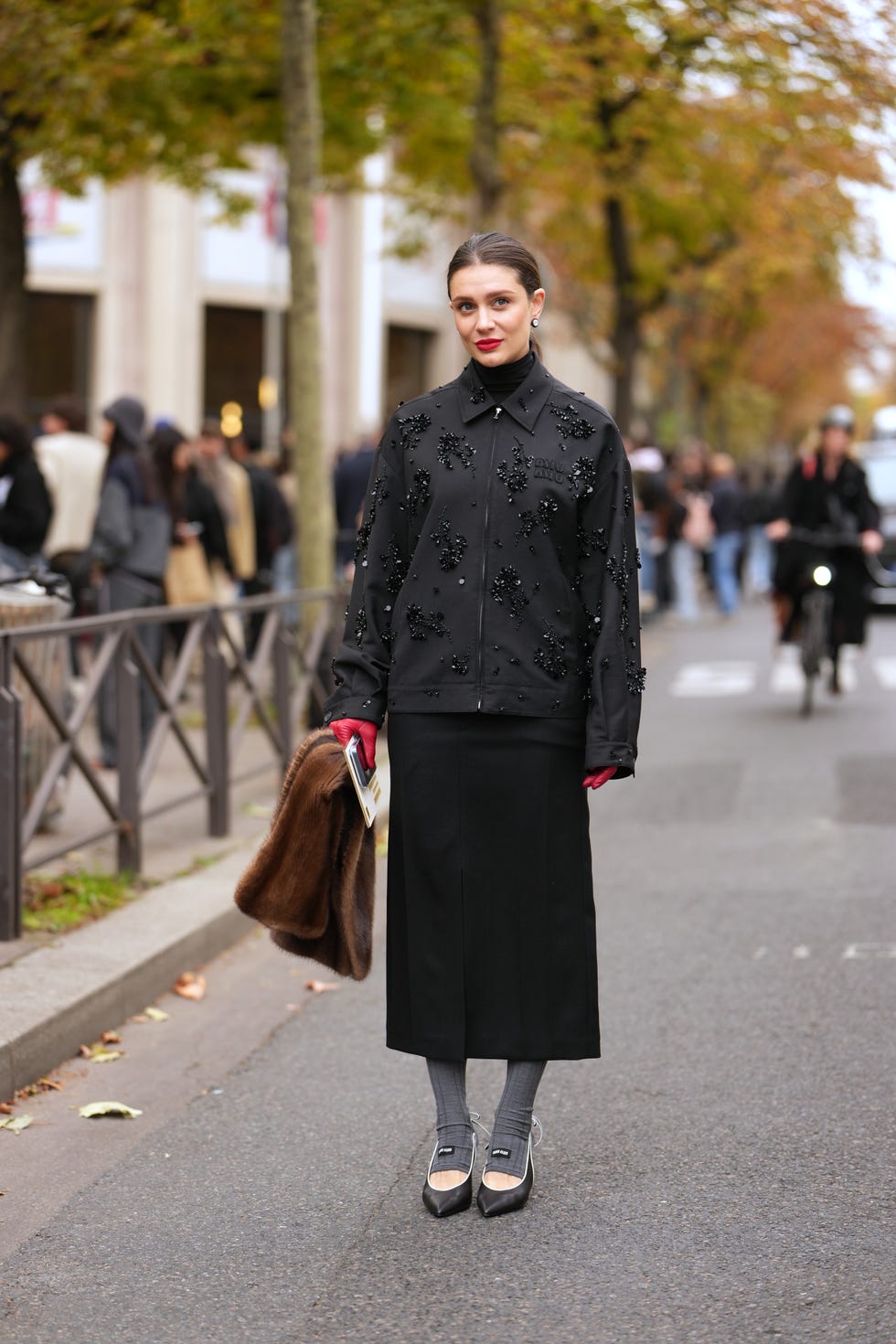Grey Socks with an Embellished Black Jacket — Trendy Socks Outfits