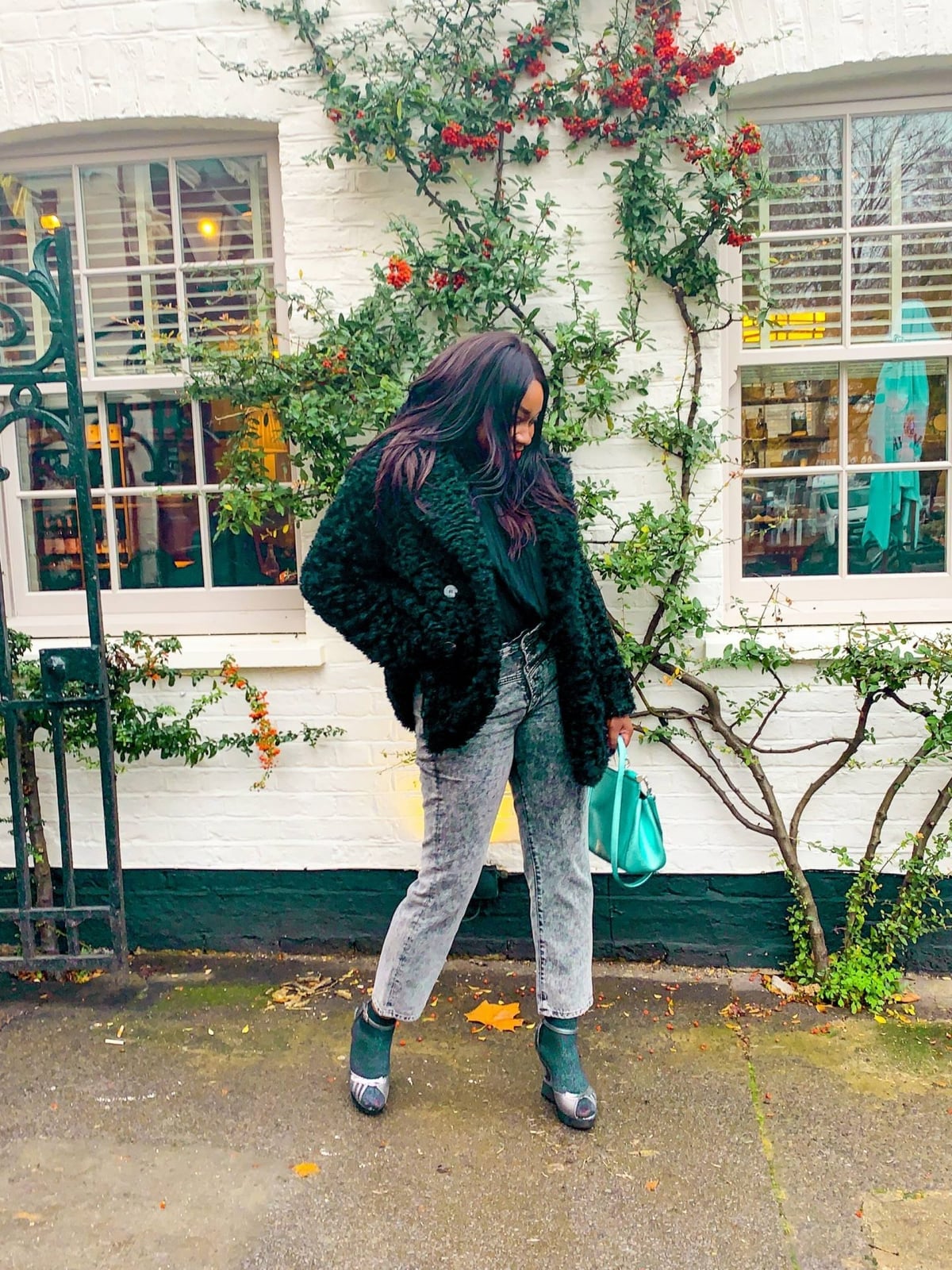 Metallic Green Boots with a Textured Black Jacket — Trendy Socks Outfits