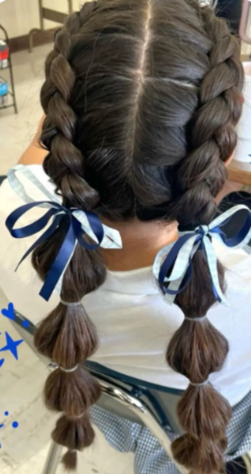 Dark Brown Bubble Ponytails With Checkered Bows Dark Brown Bubble Ponytails With Checkered Bows — Trendy Softball Hair