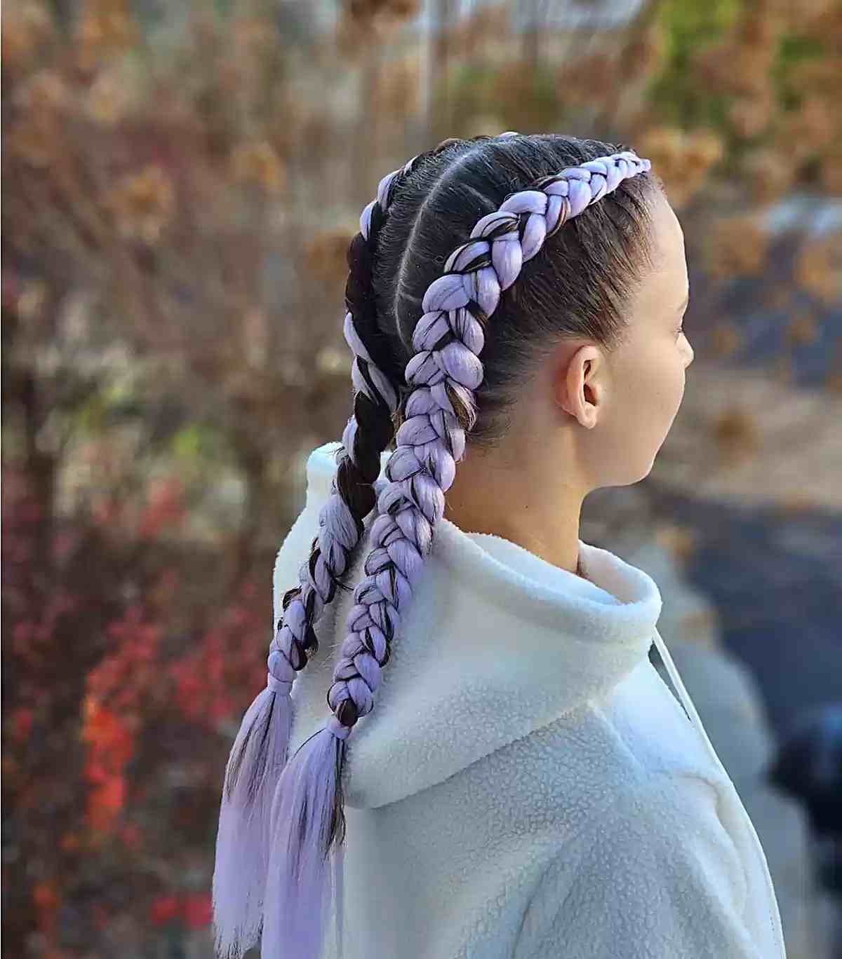 Dark Brown Dutch Braids With Pastel Purple Extensions Dark Brown Dutch Braids With Pastel Purple Extensions — Trendy Softball Hair