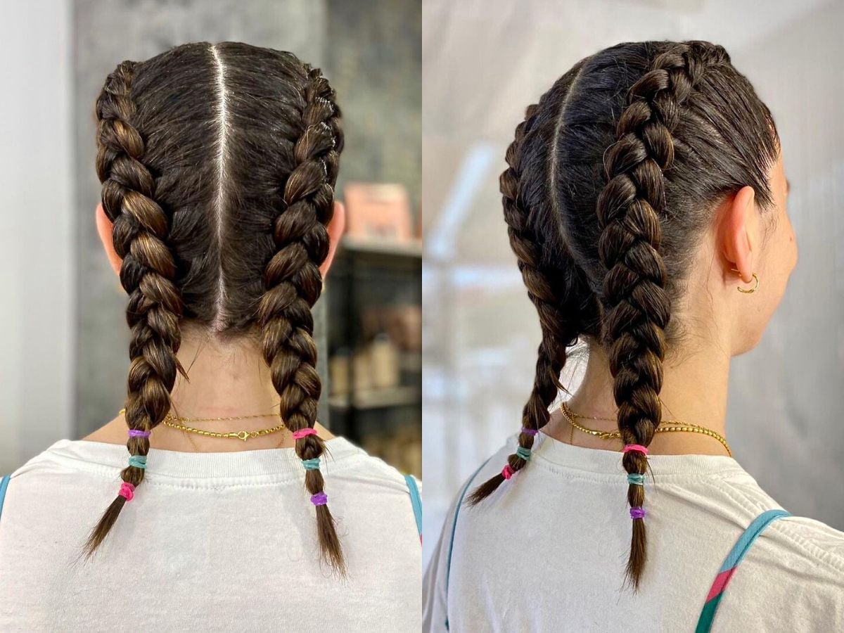 Dark Brown Double French Braids With Colorful Elastics Dark Brown Double French Braids With Colorful Elastics — Trendy Softball Hair