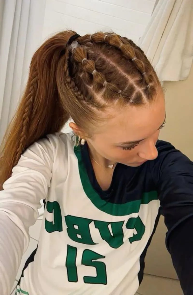 Warm Red Mid-Back Ponytail With Intricate Braids Warm Red Mid-Back Ponytail With Intricate Braids — Trendy Softball Hair