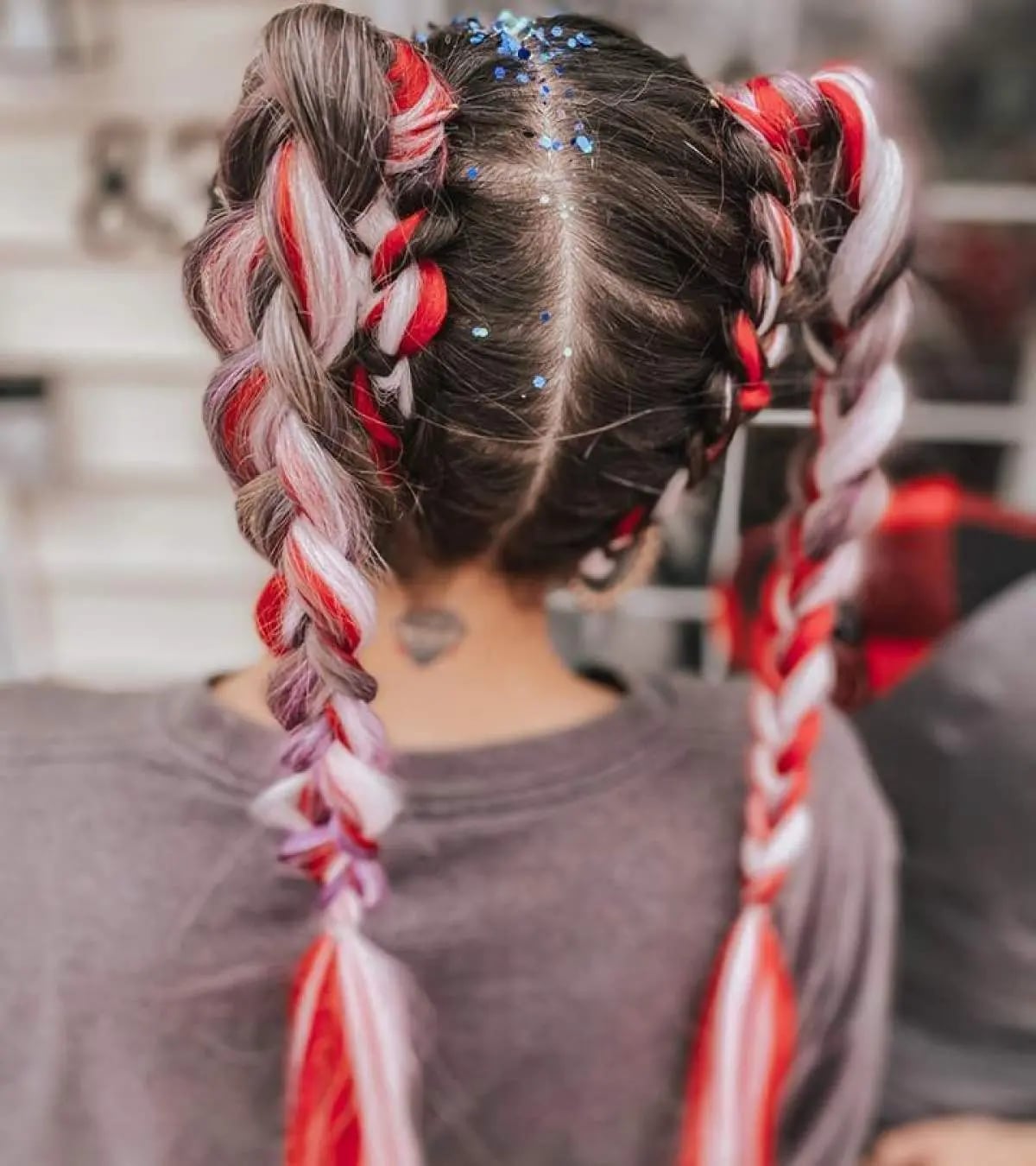 Mid-Back Dutch Braids With Colorful Extensions and Glitter Mid-Back Dutch Braids With Colorful Extensions and Glitter — Trendy Softball Hair