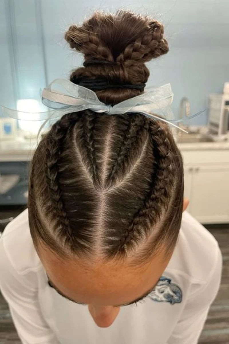 Dark Brown Braided Crown Into Top Knot Bun Dark Brown Braided Crown Into Top Knot Bun — Trendy Softball Hair