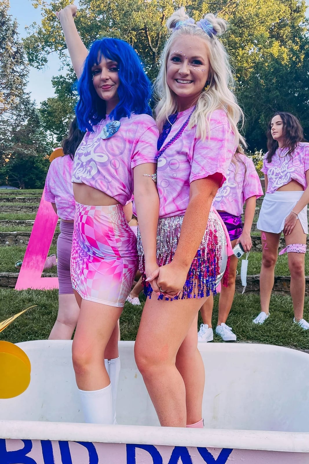 Tie-dye Crop Tops with Sequin Fringe Skirts for Sorority Events Tie-dye Crop Tops with Sequin Fringe Skirts for Sorority Events — Trendy Sorority Outfits