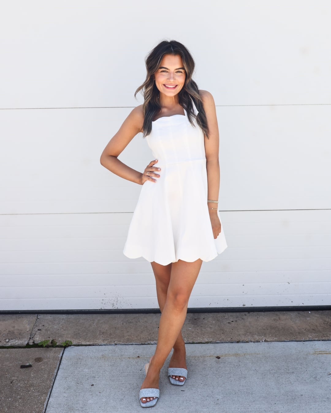 White Sleeveless Mini Dress with a Scalloped Hem White Sleeveless Mini Dress with a Scalloped Hem — Trendy Sorority Outfits